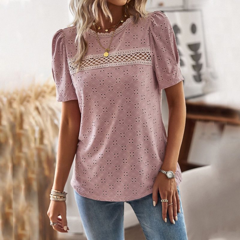 Round Neck Patchwork Top Spring Summer Casual T shirt - Image 2