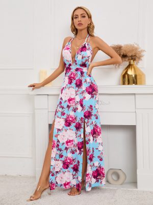 Sexy Deep V Plunge neck Lace up Dress Summer Hem Slit Printed Maxi Dress Women