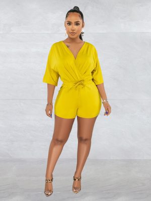 Women Wear Solid Color Tied V Neck Half Sleeves Shorts Jumpsuit Women