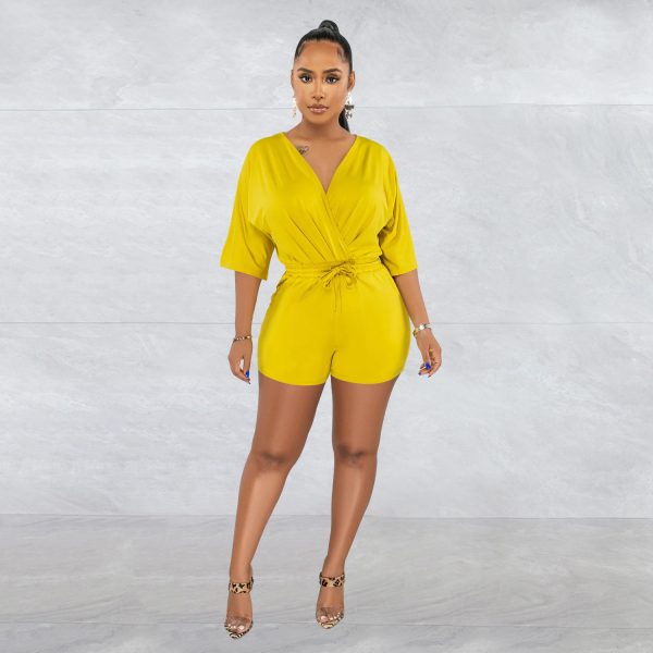 Women Wear Solid Color Tied V Neck Half Sleeves Shorts Jumpsuit Women