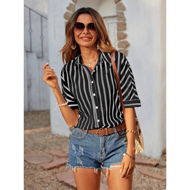 Casual Shirt Striped Button Design Polo Collar Shirt - Image 2
