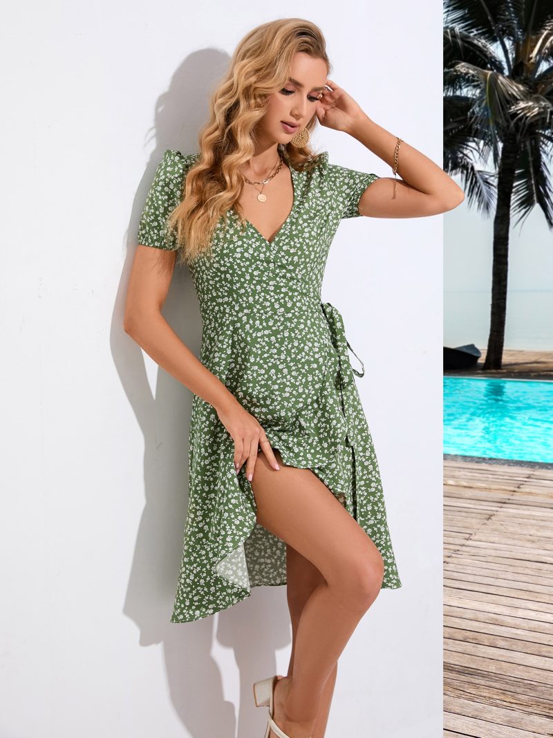 Floral V neck Short Sleeve Dress Wrapped Chest Strap Casual Bohemian Dress - Image 4