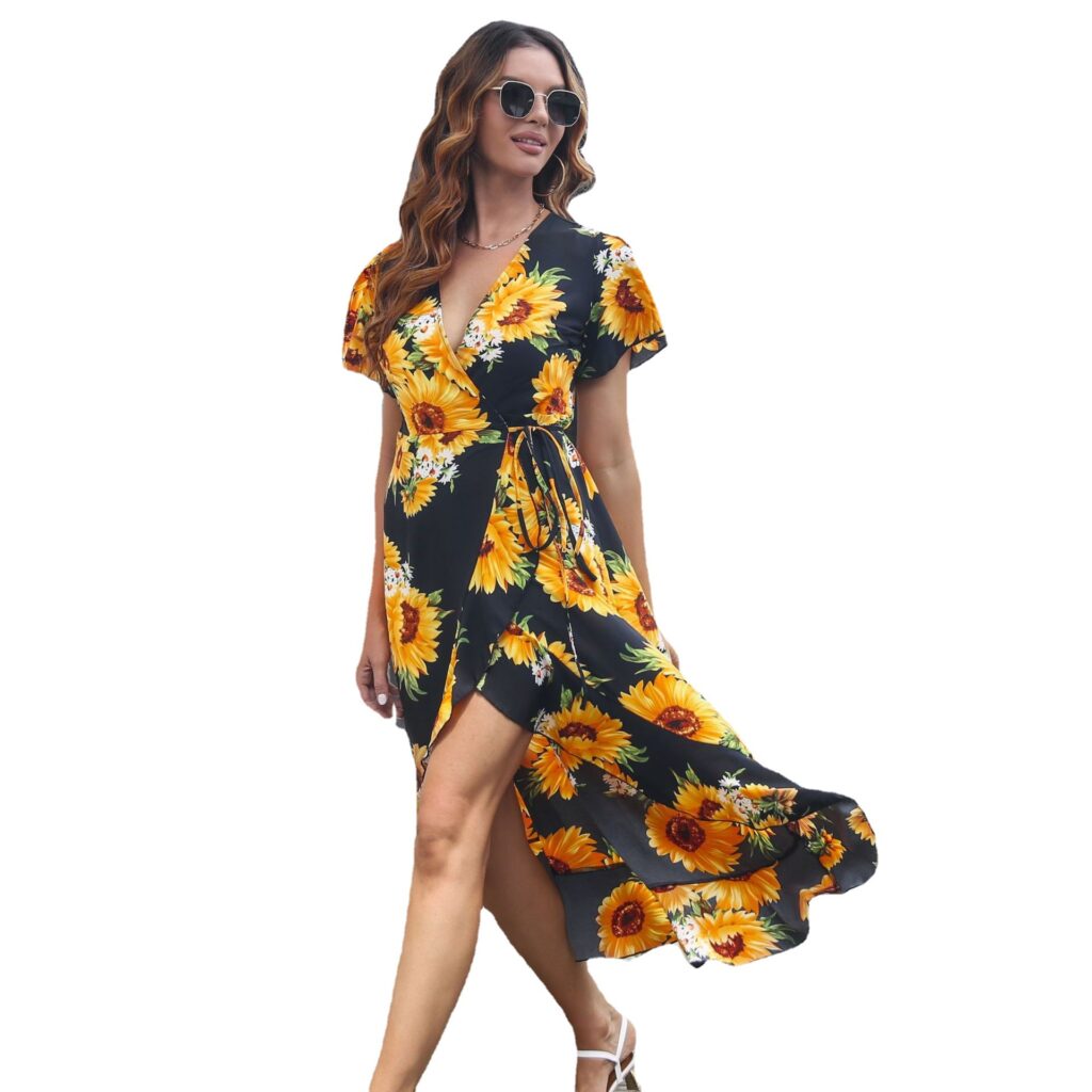 Vacation Dress Leopard Print Ruffled Wrap Lace-up Large Swing Bohemian Dress - Image 4