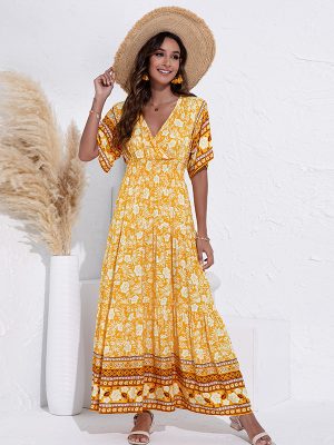 Summer Women Collection V-neck Printed High Waist Big Swing Dress