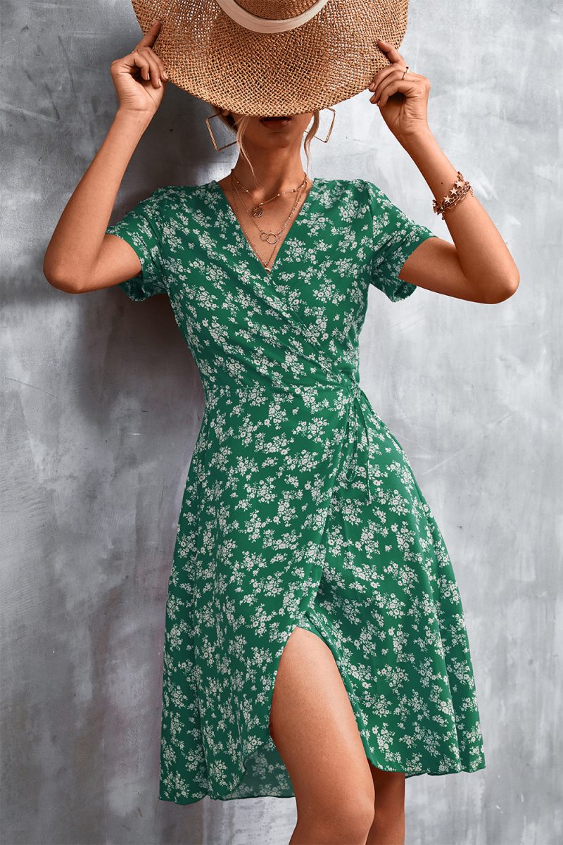 Spring Summer Criss Cross V-neck Lace-up Floral Split Dress for Women - Image 4