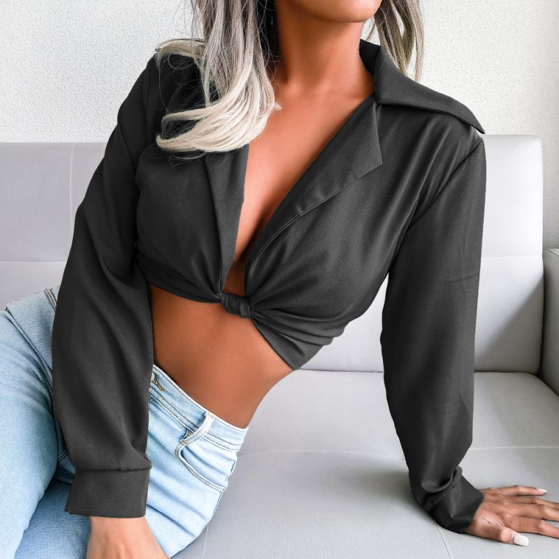 Suit Collar Knotted Shirt Cropped Top Women Clothing Spring Summer - Image 5