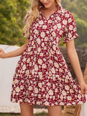 Women Clothing Summer Women Clothing Floral Print Stringy Short Sleeve Dress