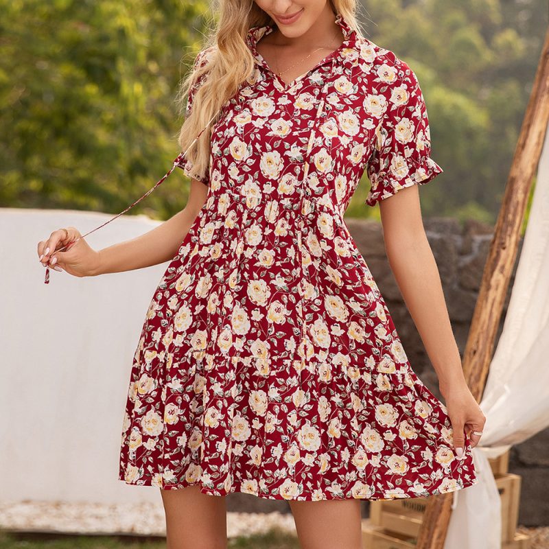 Women Clothing Summer Women Clothing Floral Print Stringy Short Sleeve Dress