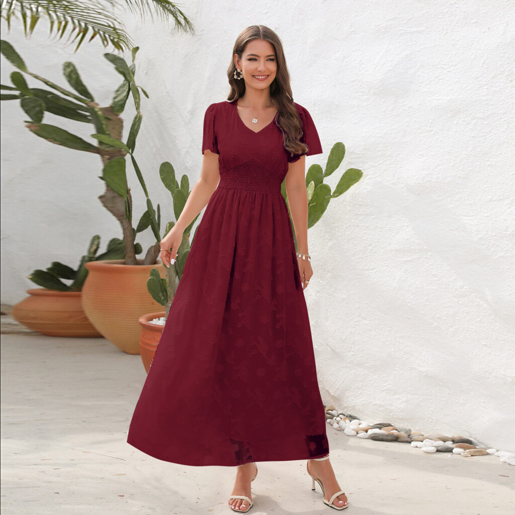 V neck Tight Waist Dress Jacquard Mid Length Short Sleeve Dress Holiday Travel Dress - Image 2