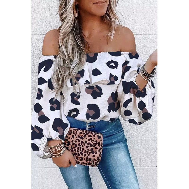 Leopard Print off Shoulder Collar Long Sleeve Shirt Sexy Ruffles Chiffon Shirt - Image 2