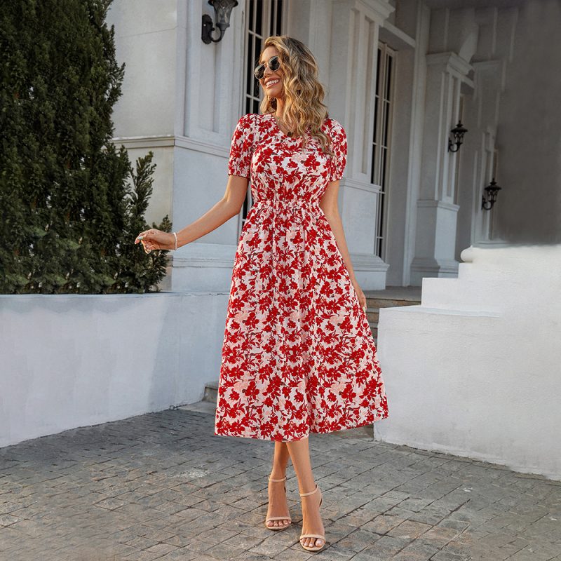 Spring Summer New Casual Long Lace-up Cropped Outfit Short Sleeve Printed Dress - Image 3