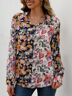 Loose Casual Floral Long Sleeved Shirt Single Breasted Multicolor Floral  Shirt Top Women