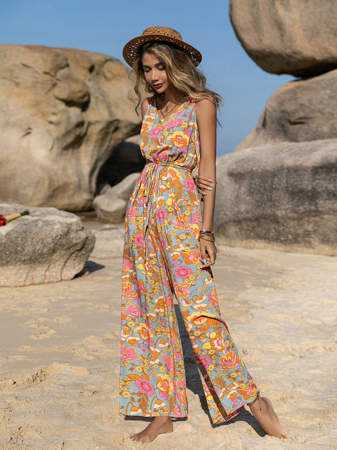Mixed Bohemian Spaghetti-Strap Floral Print Jumpsuit Backless Jumpsuit - Image 5