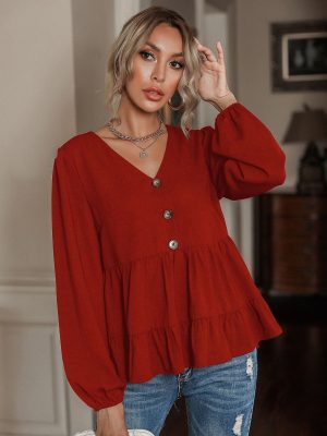 Best Long Sleeved Women Shirt V neck Buckle Babydoll Top