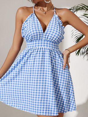 Summer Blue V neck Lace Plaid Cami Dress