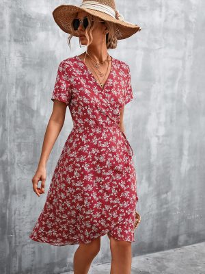 Spring Summer Criss Cross V-neck Lace-up Floral Split Dress for Women