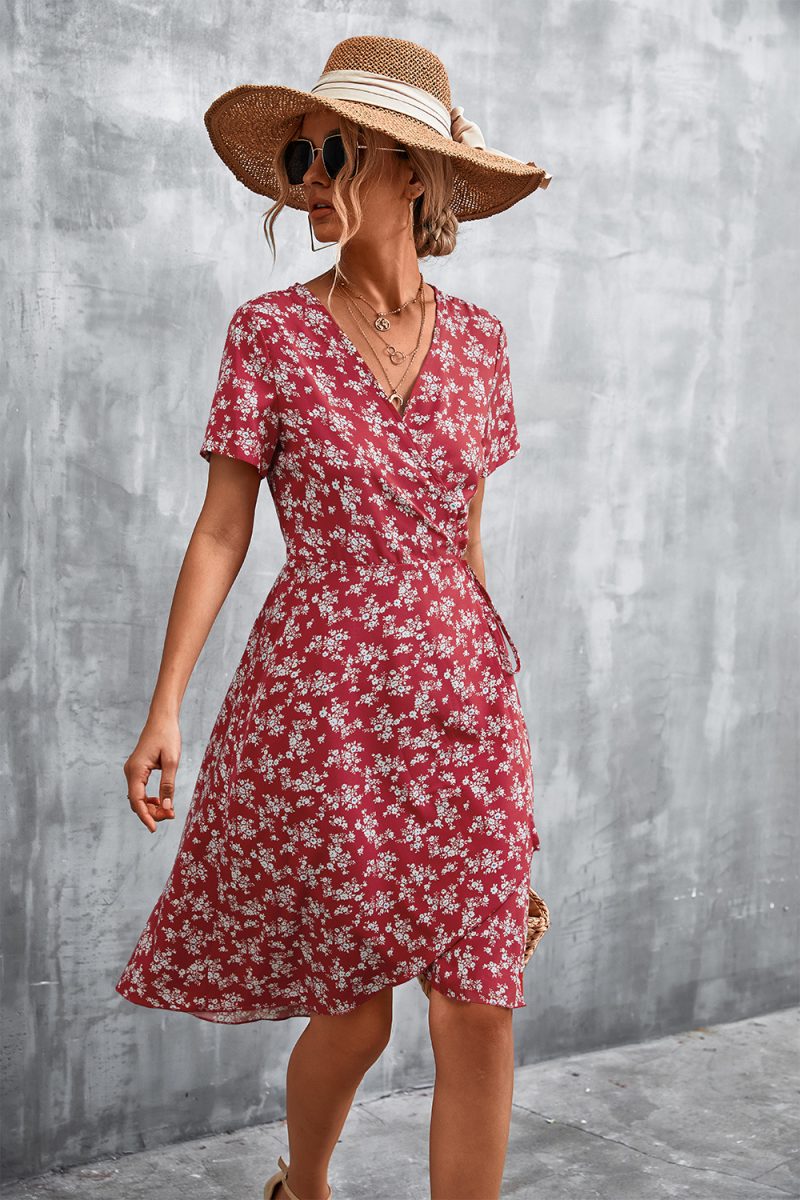 Spring Summer Criss Cross V-neck Lace-up Floral Split Dress for Women