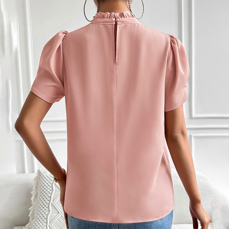 Solid Color Shirt Women Summer Elegant Short Sleeve Top - Image 4