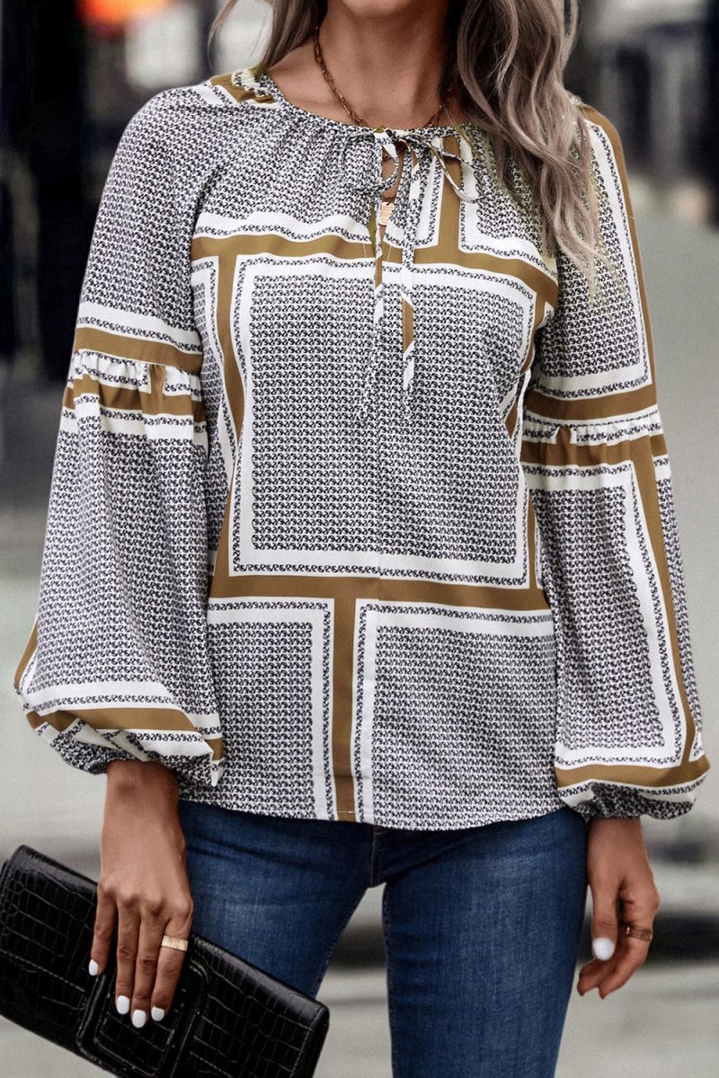 Autumn Winter Women Clothing Lantern Sleeve Printed Shirt