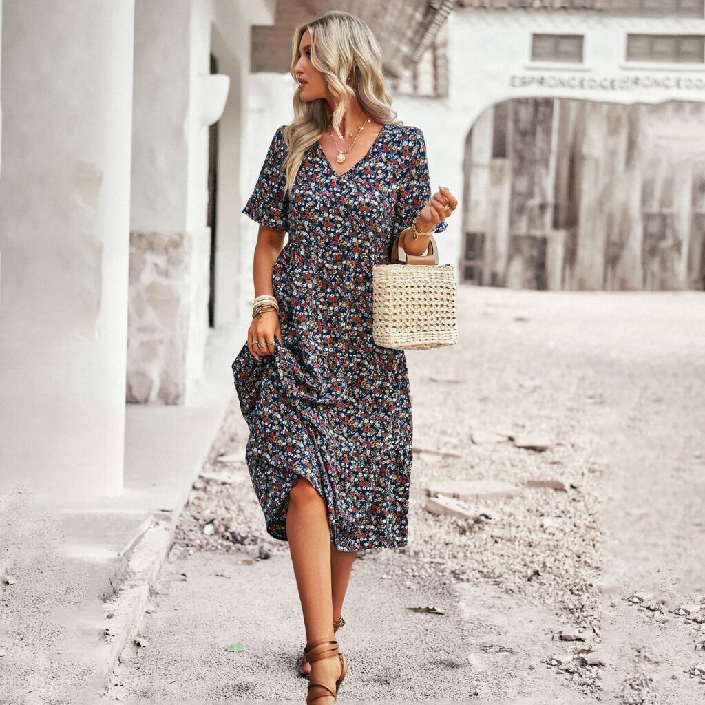 V neck Elegant Dress Summer Short Sleeve Vacation Dress - Image 2