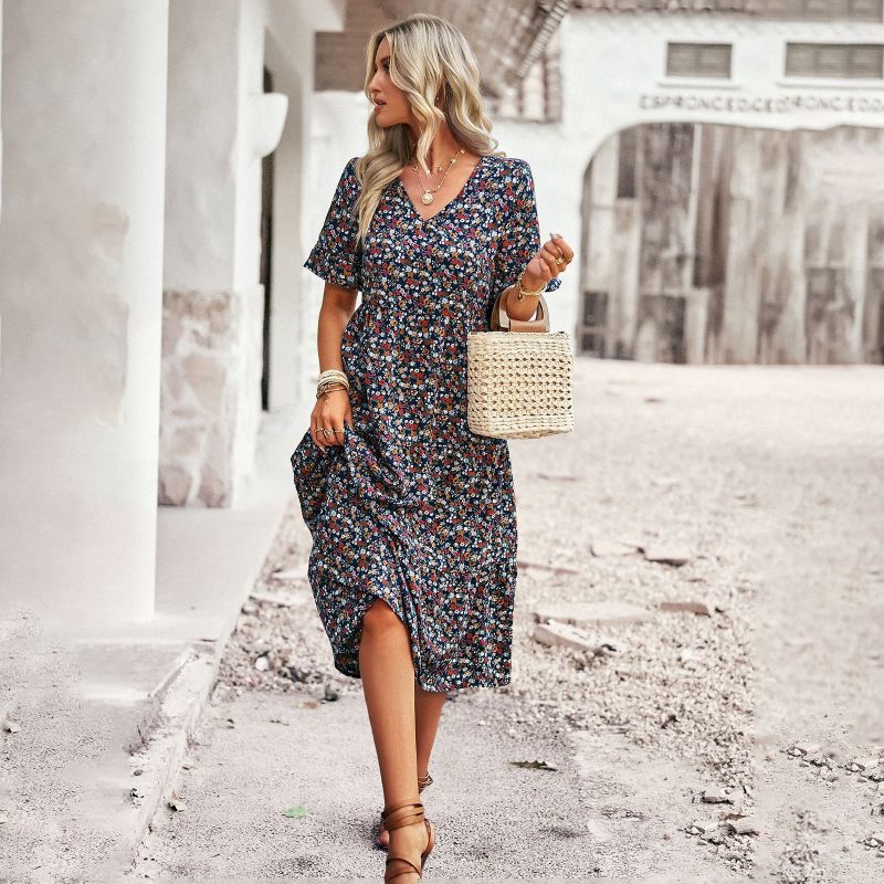 V neck Elegant Dress Summer Short Sleeve Vacation Dress - Image 2