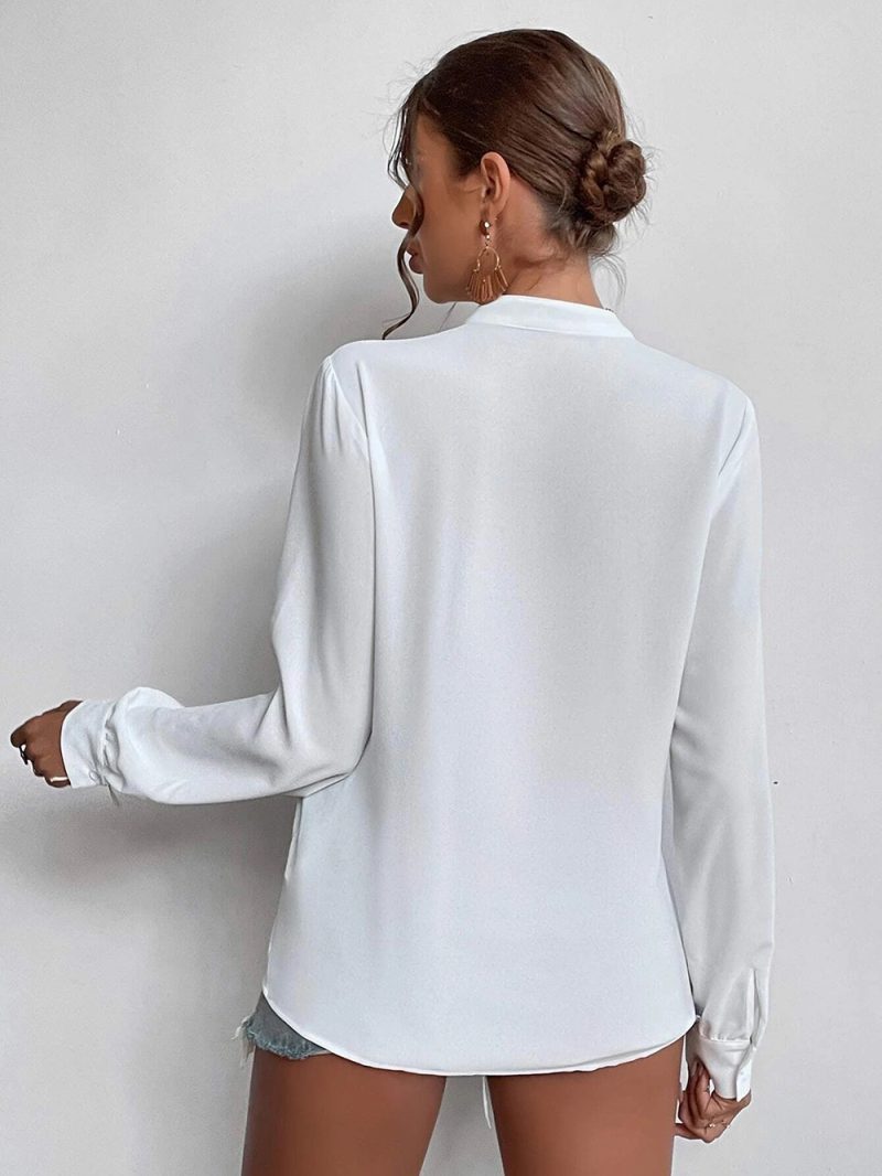 Spring Summer Shirt Women Lace Stitching Pure Stand Collar Cardigan Elegant Elegant Long Sleeve Top - Image 4