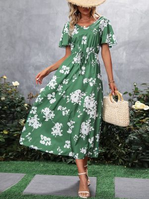 Elegant Dress Women Floral V neck Long Sleeve Midi Dress