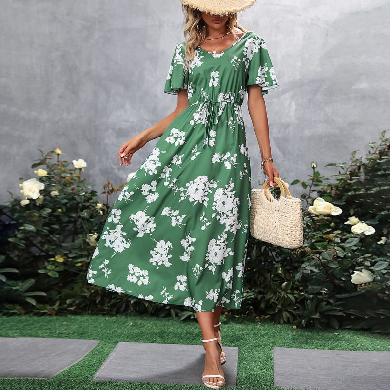 Elegant Dress Women Floral V neck Long Sleeve Midi Dress
