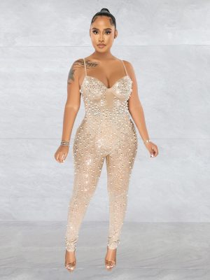 Women Wear Solid Color Mesh Rhinestone Sleeveless Trousers Jumpsuit