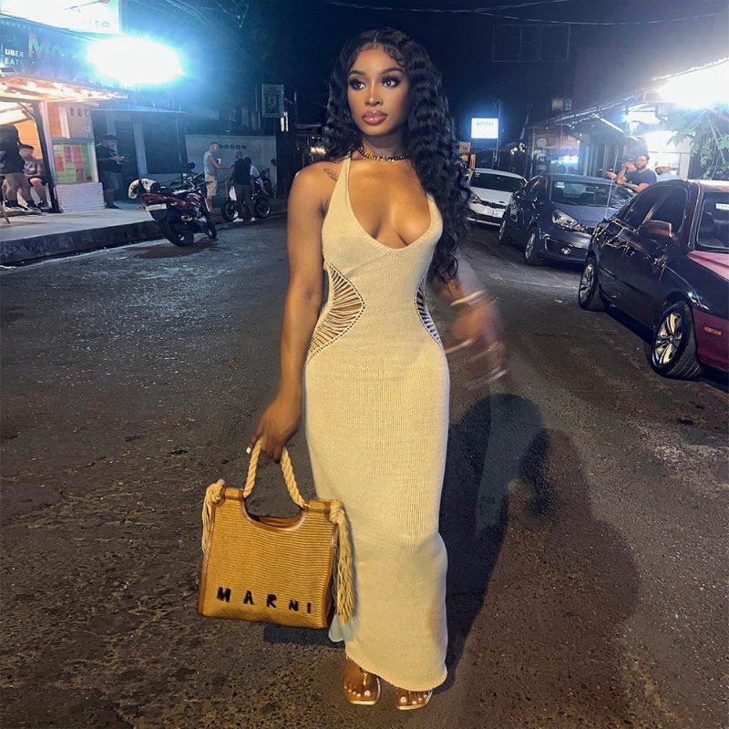 Summer Sweaters Women Clothing Hollow Out Cutout Personality U Collar Lace up Maxi Dress Crochet - Image 4
