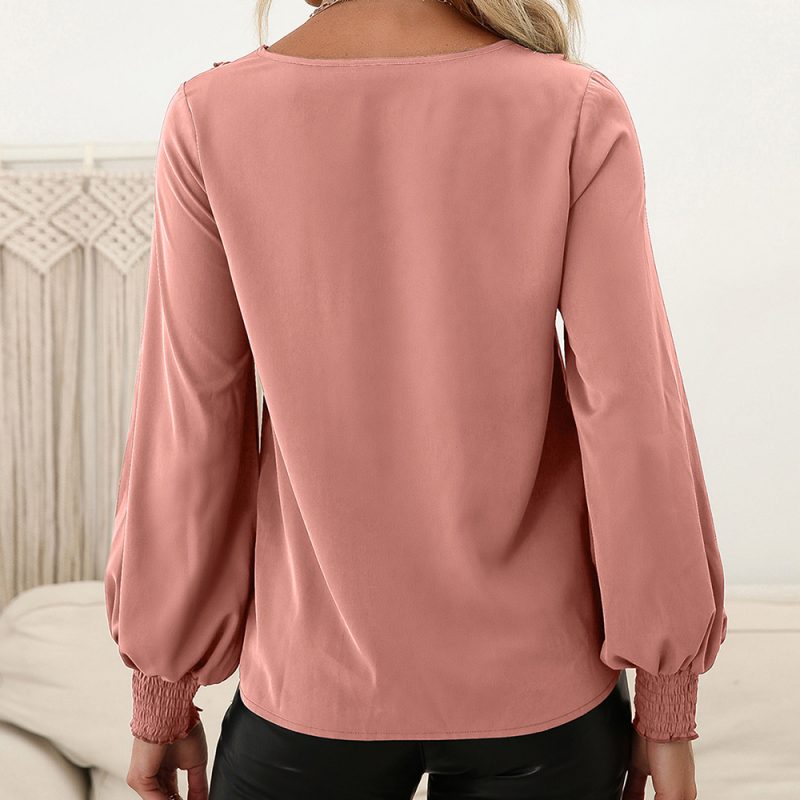 Stitching Wooden Ear Lace Smocking Long Sleeved Shirt round Neck Pullover Shirt Top for Women - Image 3
