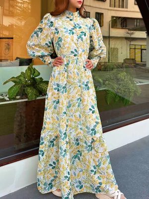 Maxi Dress Women Clothing Spring French Embroidered Hollow Out Cutout Floral Long Sleeve Dress Women