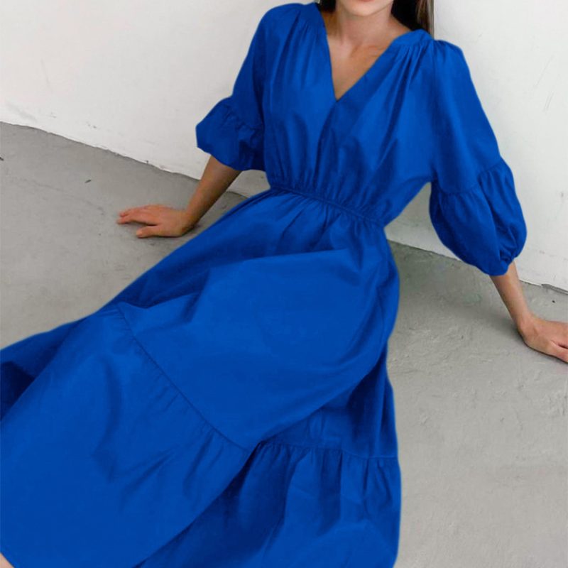 Summer Office Klein Blue Puff Sleeve High Waist A- line Dress Maxi Dress Fashionable Simple Women Dress - Image 3