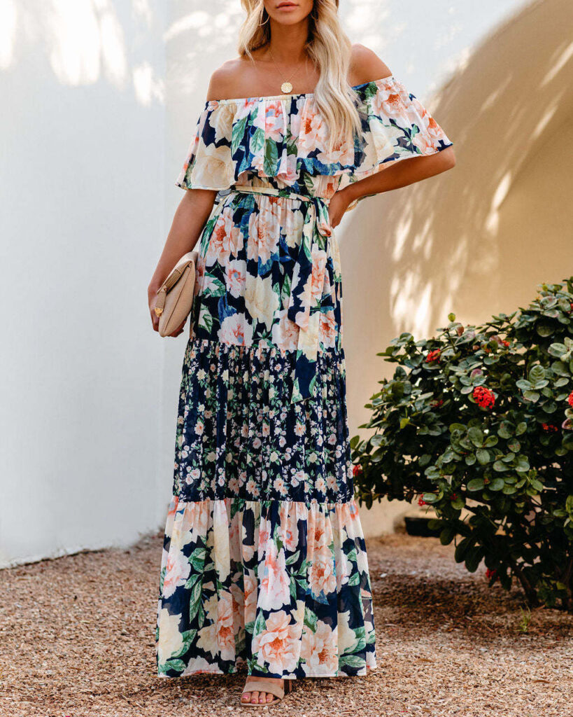 Sale Printed Waist Controlled off the Shoulder Long Women Dress - Image 3