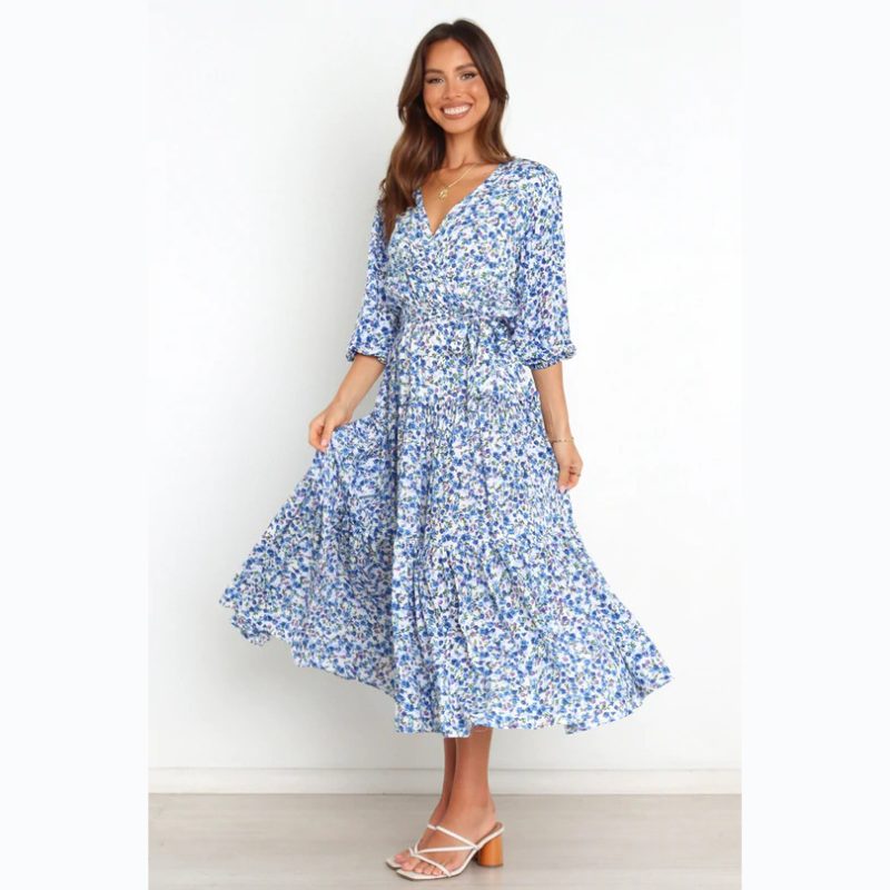 Spring Summer Floral Fresh Sweet Mid-Sleeve V neck Dress - Image 4