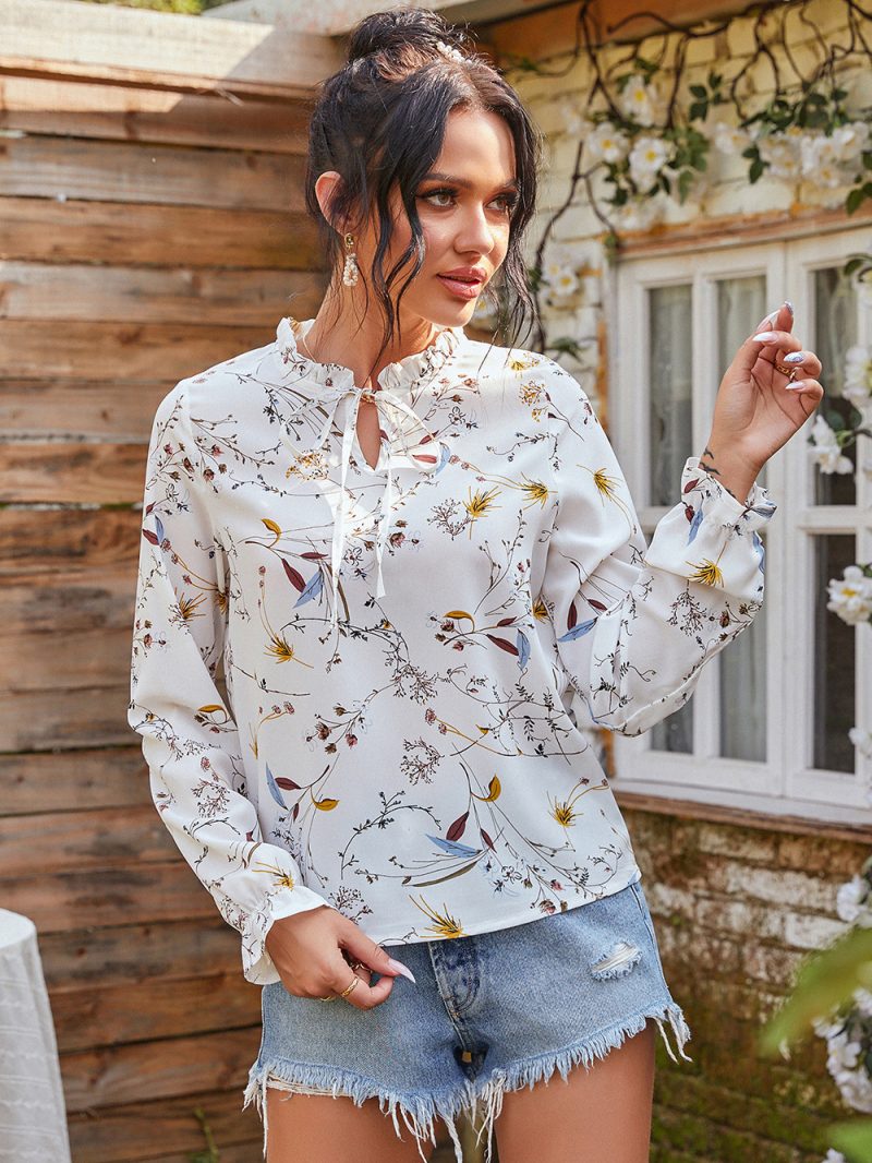 Women Clothing  Spring Autumn Long Sleeve Small Floral Tie-Neck Printed Top - Image 3