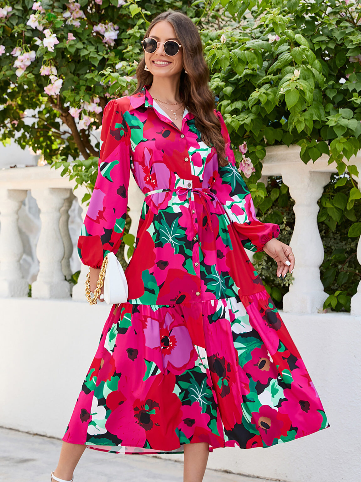 Women Clothing Autumn Winter Floral Single Breasted Wide Hem Long Sleeve Dress - Image 3