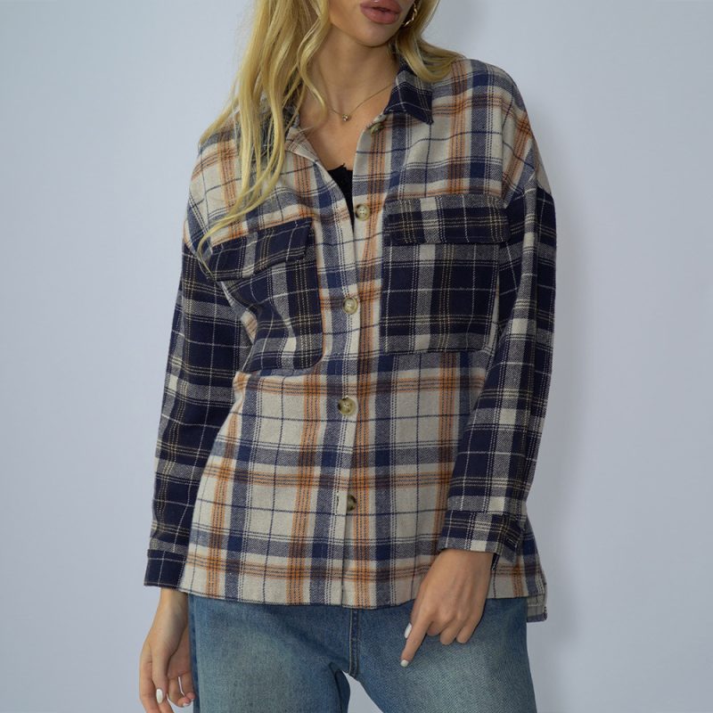 Women Clothing Spring Autumn Loose Stitching Off Shoulder Plaid Long Sleeve Single Breasted T Shirt Sweater Women - Image 4