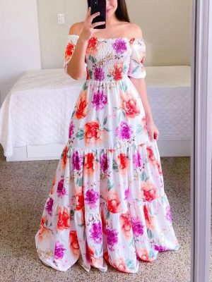 Spring Summer Women  Dress Elegant French Print Short Sleeve off the Shoulder Dress