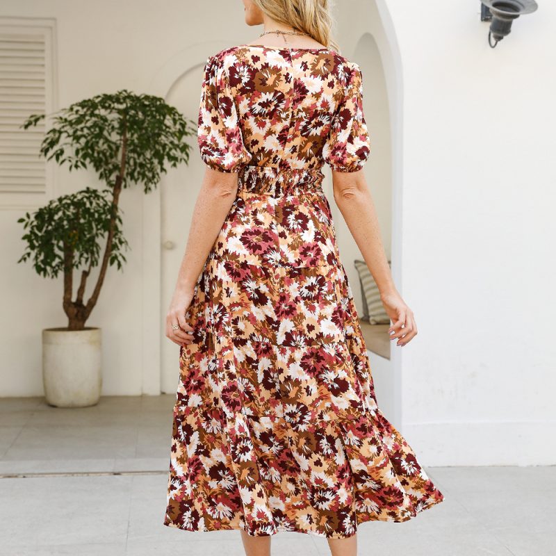 Printed Short Sleeved Dress Women Summer V Neck Waist Controlled Slimming Maxi Dress - Image 3