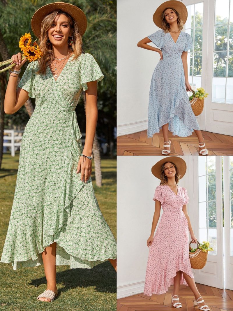 Bohemian Ruffles Sweet Floral Slim Dress V-neck Short Sleeve Ethnic High Slit Beach Maxi Dress - Image 5
