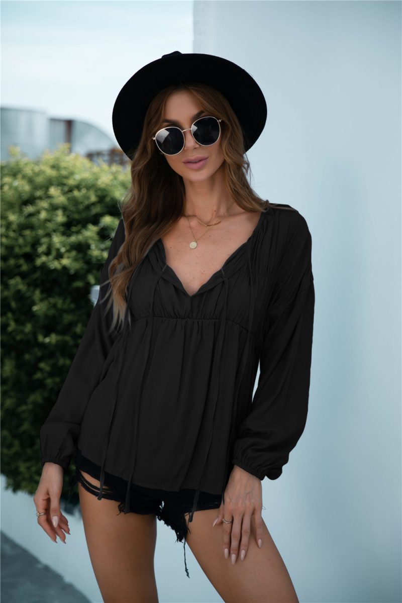 Summer Solid Color V-neck Lace-up Pleated Top - Image 4