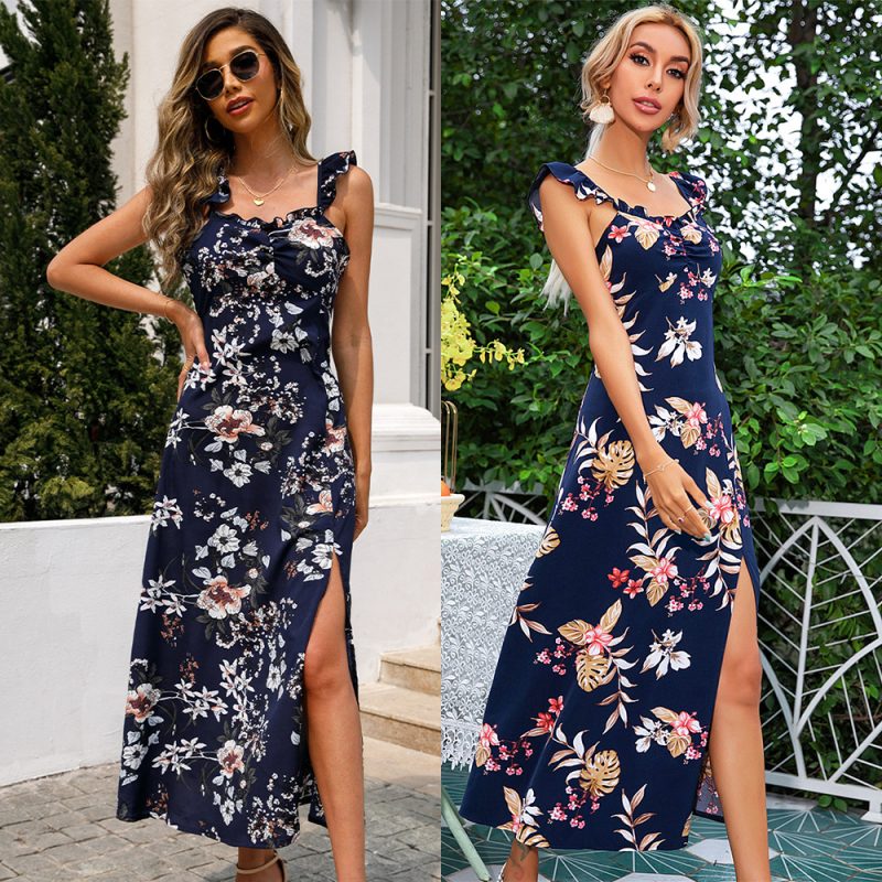 Summer Printed Sling Slit Dress Maxi Dress for Women Sundress - Image 5