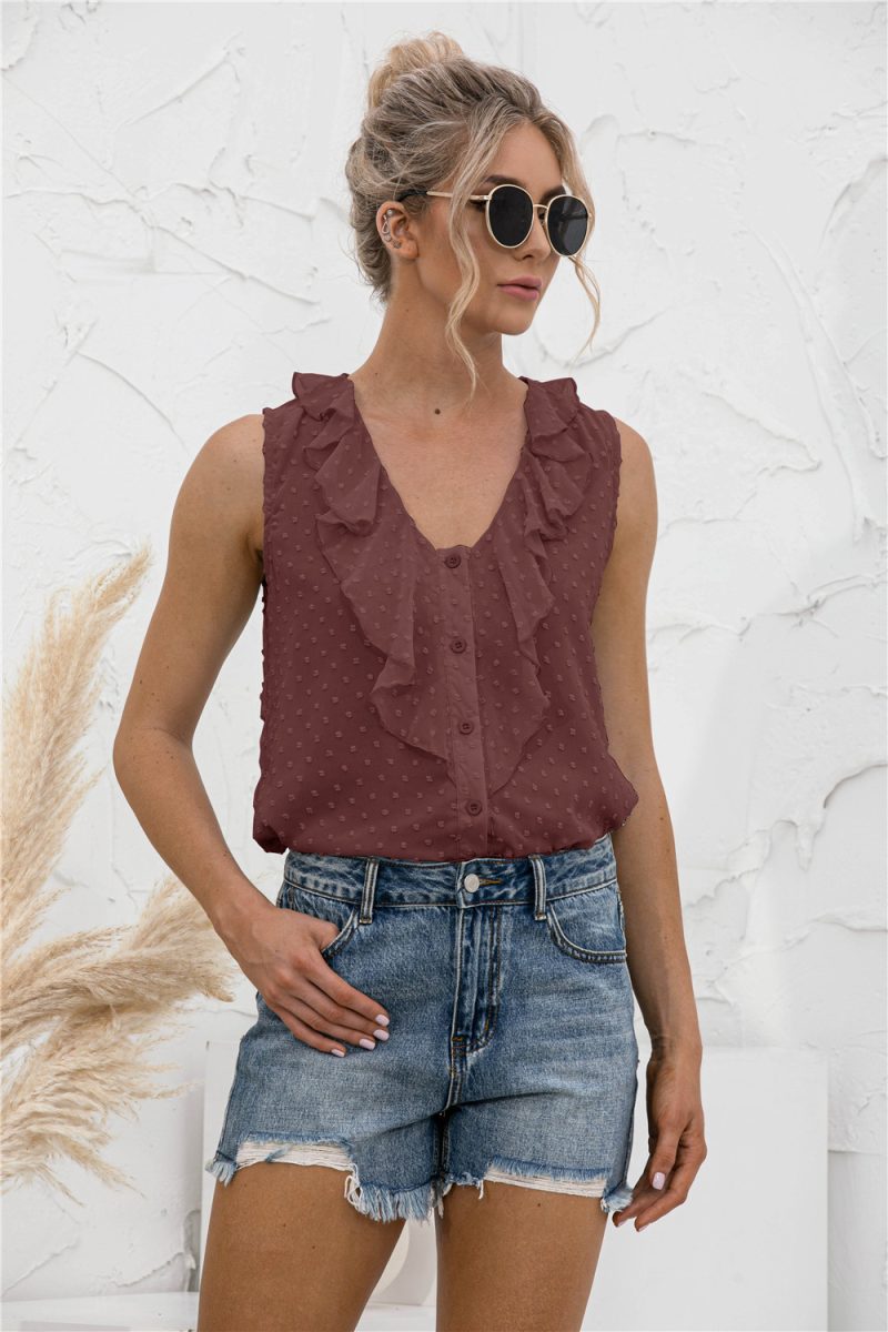 Spring Summer Sexy V-neck Ruffled Spaghetti Straps Button Shirt - Image 3