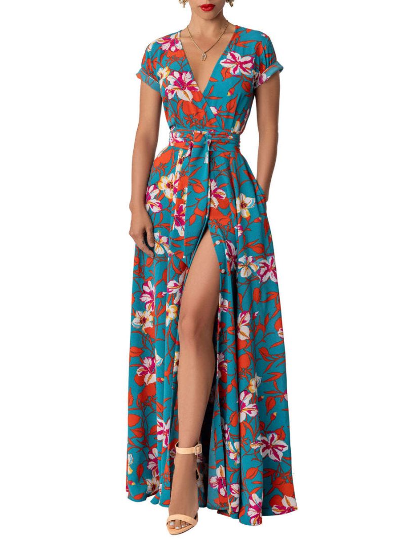 Sexy  V neck Floral Print Slit Dress Summer Women  Clothing - Image 3