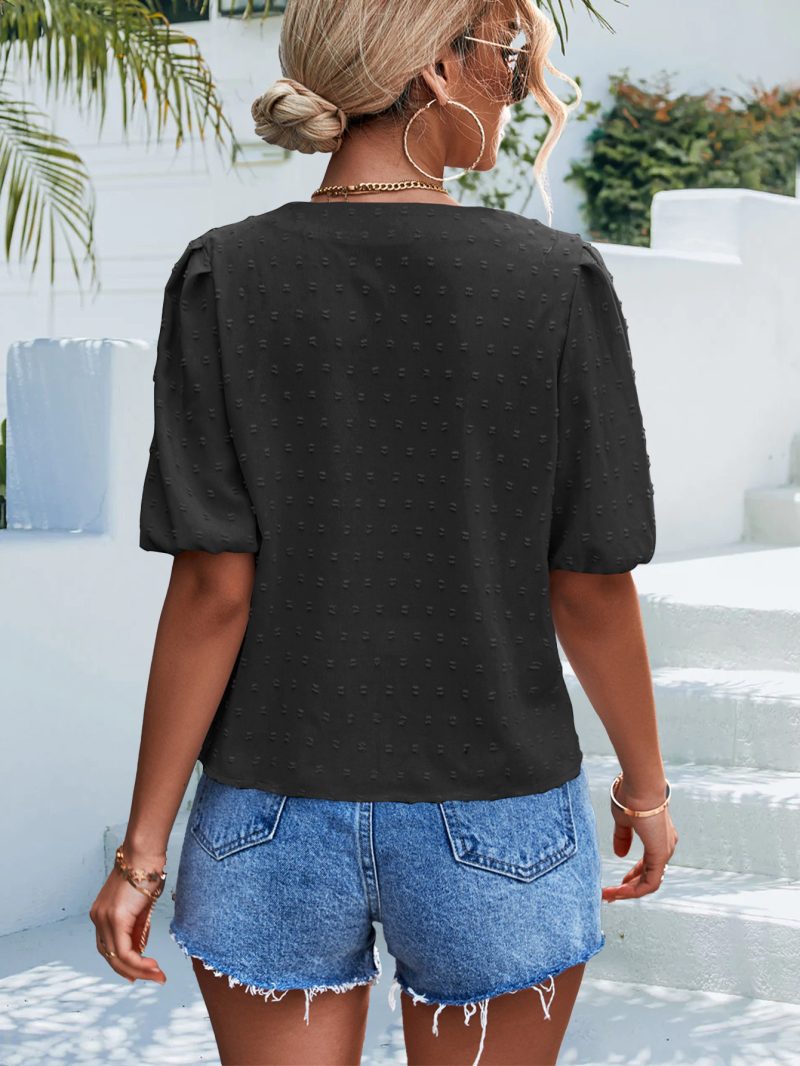Spring Summer V neck Polka Dot Jacquard Short Sleeve T shirt Casual Top Women - Image 5