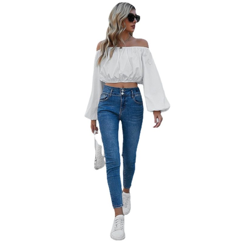 Spring Summer New Women Clothing White Lantern Sleeve Office Pullover Solid Color Sexy off-Neck Long Sleeve - Image 5