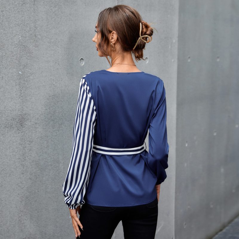 Autumn Spring New V-neck Elegant Stitching Color Block Shirt - Image 3