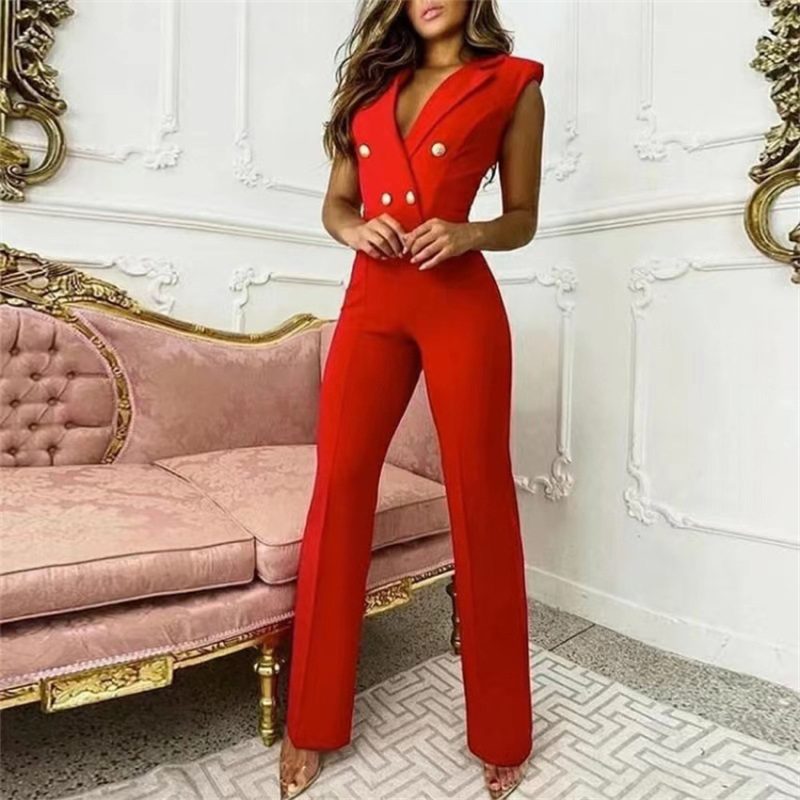 Spring Summer Women Clothing  Color Matching Button V-neck Sleeveless Houndstooth Jumpsuit Business Wear for Women - Image 2