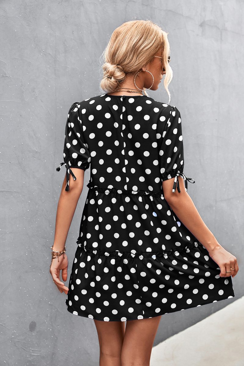 Women Clothing Spring Summer round Neck Puff Sleeve Tied Dress Short - Image 4